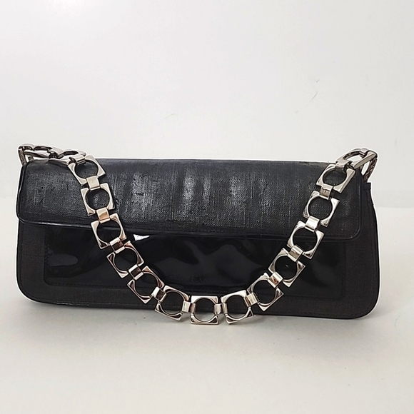 Cole Haan black weave/canvas pattern and patent leather purse with sliver chain - Picture 1 of 14